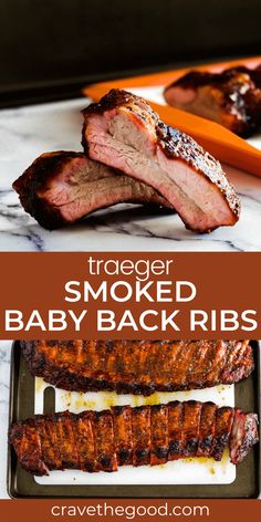 baby back ribs with bbq sauce in the background and text overlay that reads tracer smoked baby back ribs