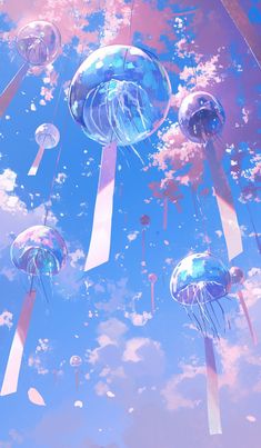 jelly fish floating in the sky with clouds