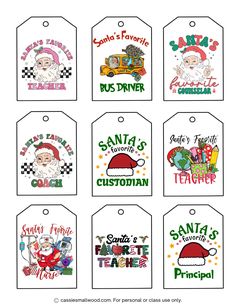 six christmas gift tags with santa's favorite teacher and school bus driver on them