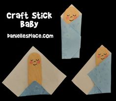 an origami craft stick baby is shown in three different positions