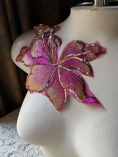 Embroidered lace applique flower in FUCHSIA & GOLD.  Tiny gold sequins outline the applique.  * Listing is for ONE  piece * Measure 7.25" x 6" overall. * Also available in 4other color, listed here: https://www.etsy.com/MaryNotMartha/listing/733183014/red-3d-lace-applique-beaded-flower-for?utm_source=Copy&utm_medium=ListingManager&utm_campaign=Share&utm_term=so.lmsm&share_time=1571852433869 Check the other sections of the shop if looking for lace, flowers for fascinators or sashes, ribbons, leav Gold Appliques For Party, Couture Beading, Applique Flower, Beaded Jewelry Pattern, New Blouse Designs, Dance Ballet, Lyrical Dance, Red Embroidery, Gold Lace