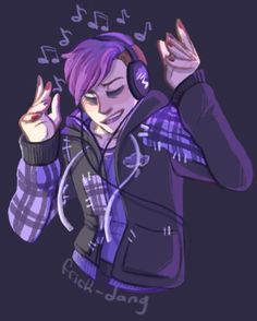 a drawing of a person with purple hair and headphones in front of a black background