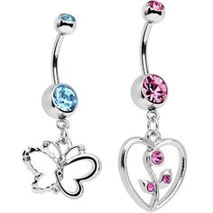 Blue and Pink Gem Bring Me Spring Dangle Belly Ring Set of 2 | Body Candy Body Jewelry Internally Threaded Metal Belly Rings, Metal Internally Threaded Belly Rings, Dangle Metal Belly Rings, Internally Threaded Dangle Belly Rings, Butterfly And Heart, Bellybutton Piercings, Conch Piercing Jewelry, Opal Nose Ring, Belly Button Piercing Jewelry