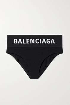 Balenciaga's briefs are designed with an elasticated, high-rise waistband that's jacquard-woven with the brand's moniker. They're made from smooth stretch-jersey and lined at the base for breathability and comfort. Black Logo Print Swimwear For Summer, Black Bottoms With Logo Waistband In Elastane, Black Bottoms With Logo Waistband, Summer Stretch Bottoms With Logo Waistband, Stretch Briefs With Logo Waistband, Fitted Bottoms With Logo Waistband For Summer, Fitted Summer Bottoms With Logo Waistband, Sporty Fitted Bottoms With Logo Print, Balenciaga Outfit