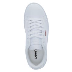 Take a bold step with these Levi's womens sneakers. These lace-up shoes are all about showing the world your fresh style while keeping your feet cool and comfortable. The synthetic leather uppers, extra padding, and ultra-cushioned footbed add long-lasting comfort and breathability so you can go from work to play without missing a beat. The bold rubber outsole is as durable as it is stylish, helping to add traction and support to any day. Whether you’re rocking your favorite pair of jeans or thr White Low-top Platform Sneakers With Elastic Laces, Levi's Casual Low-top Sneakers, Levi's Low-top Sneakers With Rubber Sole, Sporty Sneakers With Elastic Laces For Everyday, Levi's Low-top Sneakers For Streetwear, Levi's White Low-top Sneakers, Levi's White Lace-up Sneakers, White Sneakers With Laces For Everyday, White Everyday Sneakers With Laces