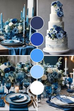 blue and white wedding decor with candles, plates and flowers on the table for an elegant touch