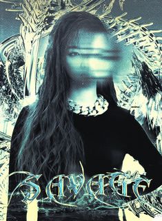 a woman with long hair standing in front of an abstract background and the words above her