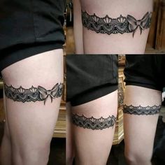 three pictures of the same woman's legs with black lace on them and one is showing