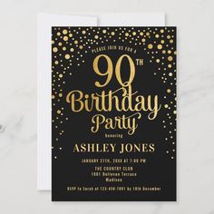 an 80th surprise birthday party with gold confetti on black and white card