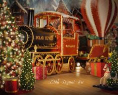 a christmas scene with a train and trees