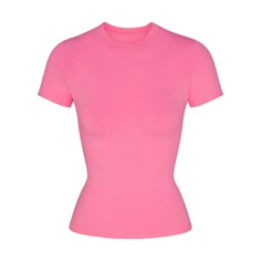 Pink Fitted Top With Short Sleeves, Pink Fitted Short Sleeve Top, Pink Fitted Short Sleeve Crew Neck Top, Pink Fitted Crew Neck Short Sleeve Top, Fitted Pink Short Sleeve T-shirt, Fitted Pink Short Sleeve Crew Neck Top, Pink Fitted Cotton T-shirt, Pink Fitted Crew Neck Shirt, Pink Fitted Basic T-shirt