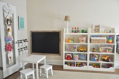 a child's playroom with toys and bookshelves