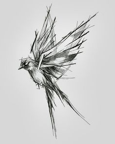 a black and white drawing of a bird flying