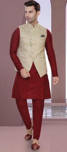 Red and Maroon color Kurta Pyjama with Jacket in Art Silk fabric with Weaving work Diwali Red Long Sleeve Nehru Jacket, Red Nehru Jacket For Wedding And Festivals, Red Long Sleeve Nehru Jacket For Diwali, Red Nehru Jacket For Wedding And Diwali, Red Nehru Jacket With Zari Work For Eid, Red Bandhgala For Eid, Red Long Sleeve Nehru Jacket For Eid, Festive Red Nehru Jacket With Zari Work, Red Long Sleeve Bandhgala For Eid