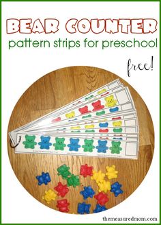 the bear counting pattern strips for preschool is displayed on a tabletop with text overlay