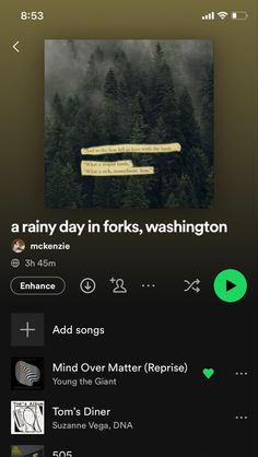 an iphone screen with the words rain day in forks, washington on it