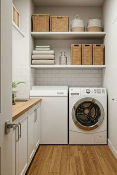 A beautifully organized small laundry room featuring a modern DIY makeover with a functional counter over the washer and dryer, sleek gray walls, and stylish curtains. This space also includes over-the-washer-and-dryer storage, a drying rod, and clever organization hacks for small spaces. Ideal for anyone looking for creative laundry room decor and organization ideas.