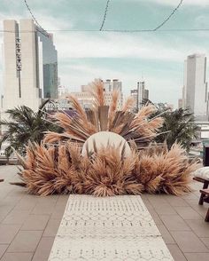 an outdoor area with benches and plants on the ground, in front of tall buildings