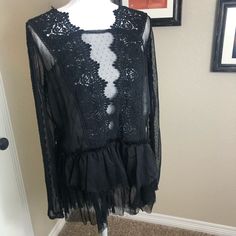 Nwt Free People Long Sleeve Sheer Peplum Top, Size L Great Condition. Super Cute. Fall Party Peplum Blouse, Peplum Blouse For Fall Party, Party Peplum Blouse For Fall, Fall Peplum Blouse For Night Out, Black Blouse With Ruffle Hem For Party, Chic Black Peplum Blouse, Fitted Peplum Tops With Lace Trim, Fitted Long Sleeve Peplum Top For Party, Black Lace Trim Blouse For Layering