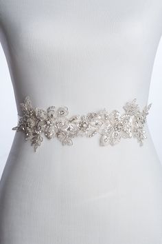 "bridal lace sash Kara, crystal lace sash, wedding dress sash, fitted bridal sash, wedding belt, flower bridal sash, lace sash and belt. this gorgeous wedding belt is made of rhinestones embellished lace, attached to a satin ribbon or a stretch satin ribbon if you would like it fitted to your waist. very beautiful beautiful piece, picture do not actually do justice to the belt. the embellishment is approx 13 inches long beaded. your choice of regular double face satin ribbon (3/4\" wide) to tie Recycled Wedding Dress Ideas, Recycle Wedding Dress, Wedding Suggestions, Wedding Dress Sash Belt, Crystal Lace, Wedding Dress Sash, Embellished Belt, Wedding Belt, Wedding Dress Belt