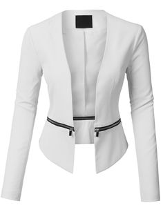 LE3NO Womens Textured 3/4 Sleeve Open Blazer Jacket | LE3NO Fall Office Blazer With Zipper Closure, Elegant Office Blazer With Zipper Closure, Classic Blazer With Zipper Closure For Work, Leather Blazer Women, Open Blazer, Blazer White, Outfit Chic, Couture Mode