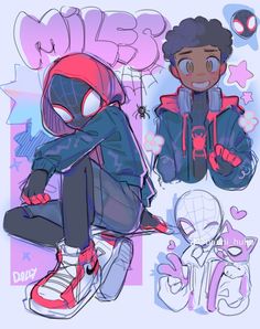 spider - man sitting on top of a skateboard next to another drawing style character