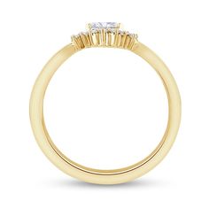 a yellow gold ring with three diamonds on the top and side stones in the middle