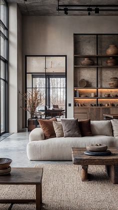 a living room filled with lots of furniture next to tall glass windows on the wall