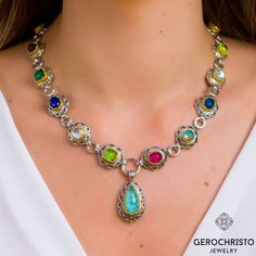 Necklace in sterling silver with Gold plated parts and multi colors stones, amazonite, apatite, turquoise, green turquoise, mother of pearl, ruby,lapis, labradorite... Turquoise Green