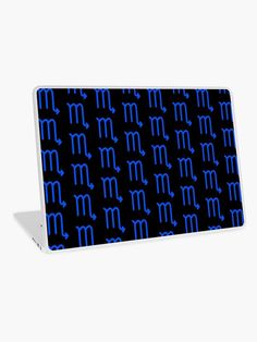 an image of a laptop cover with the zodiac sign on it's side and blue letters