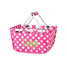 Mini Picnic Basket - Hot Pink & White Dot Unique Monogram, Monogramed Gifts, Mini Market, Basket Tote, Pink Monogram, Custom Wedding Gifts, Personalized Embroidery, Market Tote, Monogram Gifts