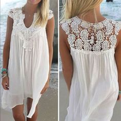 Chiffon Bikini Coverup With Lace Detail. V-Neck. Sleeveless. Polyester Lining. Casual Dress For That Stroll On The Beach. Retreat Outfits, Casual Outfits Dress, Casual Dresses Outfits, Chiffon Beach Dress, Ivory Lace Dress, Printed Casual Dresses, Outfits Dress, Outfits For Summer, Long Sleeve Shift Dress