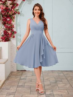 #color_Dusty Blue Stretch Satin Dress, Dusty Blue Bridesmaid Dresses, Wedding Veils Lace, Chiffon Bridesmaid Dresses, Dusty Rose Dress, Dress Dusty, Mom Dress, Hoco Dresses, Chiffon Bridesmaid