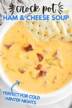 Crock pot ham and cheese soup with saltine crackers is perfect for cold winter nights. Ham And Cheese Soup, Crock Pot Ham, Ham Potato, Crockpot Ham, Slow Cooker Ham, Instant Potatoes, Best Slow Cooker, Gluten Free Cheese