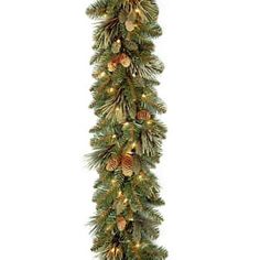 a christmas garland with pine cones and lights