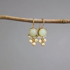 Jade Earrings Stud, Gold Jade Wedding Earrings, Jade Drop Earrings For Anniversary, Elegant Jade Dangle Earrings, Handmade Jade Jewelry For Weddings, Elegant Jade Earrings For May Birthstone, Jade Pearl Drop Earrings As Gift, Jade Round Earrings For Wedding, Round Jade Earrings For Wedding