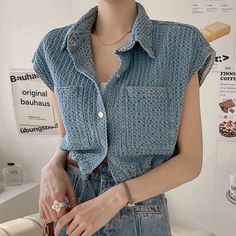 Women Single-breasted Cardigan Denim Jacket With Pocket Turn-down Collar Office Elegant Crop Top Casual Shirt Summer SPECIFICATIONS Fabric Type: Lmitation Denim Fit Type: Loose Fit Style: Office Lady Thickness: STANDARD Season: Summer Clothing Length: short Material: Polyester Elasticity: Slight Strech Decoration: Button Material Composition: synthetic fiber Sleeve Length(cm): sleeveless Craft of Weaving: TAT Shirts Type: BLOUSES Gender: WOMEN Collar: Turn-down Collar Closure Type: Single Breast Light Blue Button-up Denim Jacket, Casual Light Blue Button-up Denim Jacket, Blue Denim Vest With Buttons For Spring, Spring Blue Denim Vest With Buttons, Trendy Light Blue Tops With Pockets, Light Blue Button-up Denim Jacket With Pockets, Blue Denim Vest With Button Closure For Spring, Light Blue Winter Tops With Pockets, Winter Button-up Medium Wash Denim Top