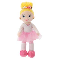 a stuffed toy doll with blonde hair and blue eyes wearing a pink tutu skirt