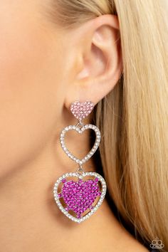 A light rose-encrusted silver heart, white rhinestone-encrusted silver heart frame, and fuchsia rhinestone-encrusted layered heart frame gradually increase in size as they delicately interconnect and stack into a dazzling lure for an elegant effervescence. Earring attaches to a standard post fitting. Pink Heart Earrings, Red Bracelets, Heart Frame, Rhinestone Heart, Pink Necklace, White Necklace, White Rhinestone, Pink Rhinestones, Colourful Necklace