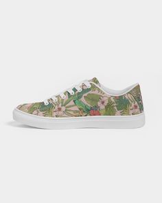 Women's vegan leather sneakers, vintage tropical floral print - perfect for spring, resort wear or comfy strolls on the boardwalk. Product Details Designed with comfort as top priority, our classic Women's Faux-Leather Sneaker is durable yet stylish. Its breathable lining and soft insole is made for all day wear and a timeless closet staple. Breathable lining, soft insole Lace-up front Padded collar, tongue Printed, cut, and handmade Size & Fit Runs TTS See size chart Material & Care Upper: Poly Casual Low-top Floral Print Sneakers, Casual Low-top Skate Shoes For Summer, Casual Summer Skate Shoes With White Sole, Casual Summer Skate Shoes With Rubber Sole, Casual Green Skate Shoes For Spring, Casual Skate Shoes With Rubber Sole For Summer, Trendy Floral Print Sneakers For Spring, Spring Casual Low-top Skate Shoes, Summer Low-top Leisure Sneakers