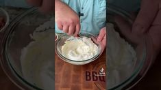 two images show someone mixing cream in a bowl and another shows how to mix it together