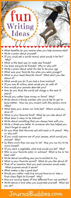 an orange and white poster with the words fun writing ideas written in front of it