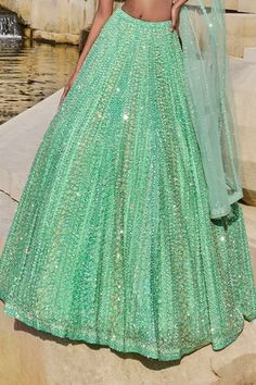 Shop for Seema Gujral Green Net Sequin Embroidered One Shoulder Blouse And Lehenga Set for Women Online at Aza Fashions Sea Green Lehenga, Seema Gujral, Net Embroidery, Green Lehenga, Padded Blouse, Sequin Embroidery, Pattern Embroidery, Sequins Embroidery, Fashion App