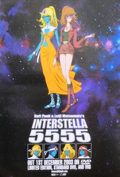 an advertisement for the movie interstella, featuring two women standing in front of a space background