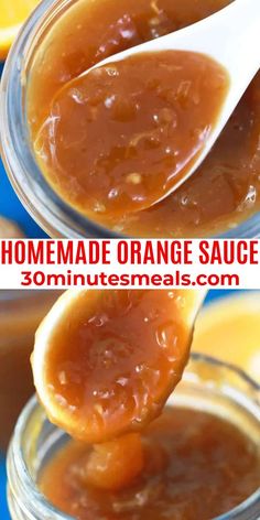 homemade orange sauce in a jar with spoon