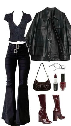 Rockstar's Girlfriend Outfits, Gothic Autumn Outfit, Feminine Punk Outfits, Rockstar Girlfriend Outfit Ideas, Rock Gf Outfit, Dark Concert Outfit, Dress And Leather Jacket Outfit, Rockstars Girlfriend Outfits, Cas Concert Outfit