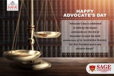 an advert for the happy advocacy day with scales on a wooden table in front of bookshelves