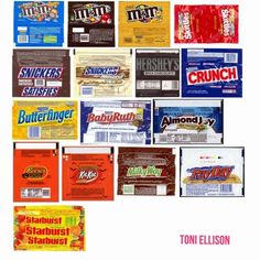 an image of candy bar wrappers in different colors and flavors on a white background