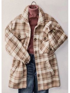 "Please check our US number size regarding our S/M/L: Small (US 2-4), Medium (4-6), Large (8-10) Most model photos are bright, check mannequin and indoor lighting photos. A Brushed Sherpa Plaid Shirt Shacket featuring a collar, Big Vintage front Pockets, button-up front and buttoned Cuff long sleeves. Light Weight Jacket Teddy Coat in S, M, L. Loose Fit. Model is Wearing Size Small. Model: 5'9\" 32C bust, 25\" waist, and 36\" hips. Approximate Measurements: Small -Back Length (from neckline to b Beige Winter Shacket With Pockets, Winter Beige Shacket With Long Sleeves, Cozy Plaid Long Sleeve Outerwear, Oversized Winter Shacket With Pockets, Brown Long Sleeve Shacket With Pockets, Oversized Plaid Outerwear, Plaid Single Breasted Shacket For Winter, Casual Winter Shacket With Pockets, Plaid Single-breasted Shacket For Winter