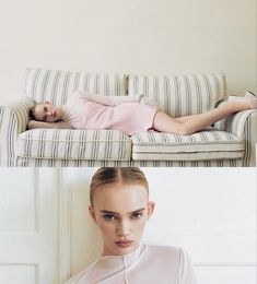 a woman laying on top of a couch next to a photo of a woman in pink